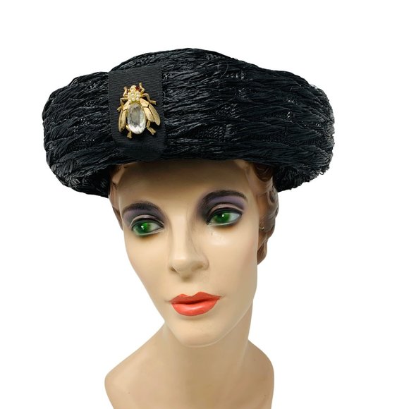 Vintage 1950s Round Black Straw Hat Rhinestone Fly Detail Styled by Phipps main image 5